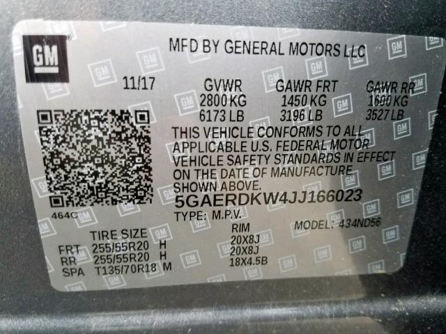 5GAERDKW4JJ166023 - 2018 BUICK ENCLAVE AV GRAY photo 10