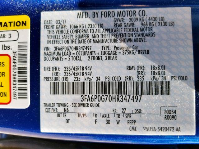 3FA6P0G70HR347497 - 2017 FORD FUSION S BLUE photo 10