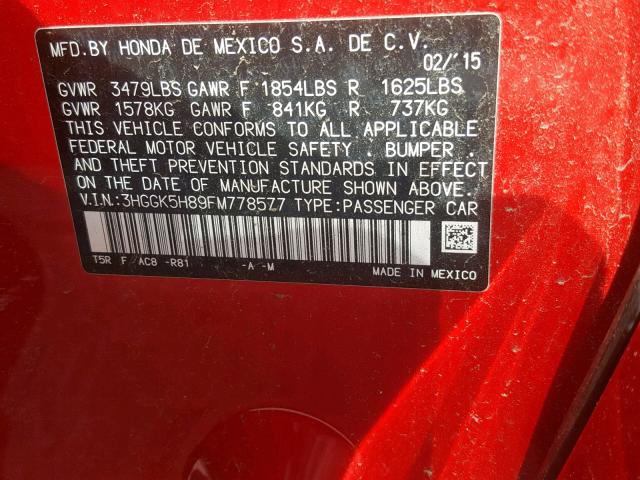 3HGGK5H89FM778577 - 2015 HONDA FIT EX RED photo 10