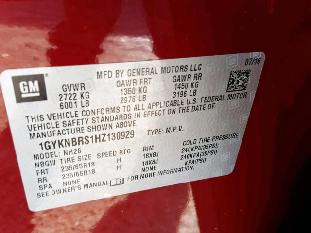 1GYKNBRS1HZ130929 - 2017 CADILLAC XT5 LUXURY RED photo 10