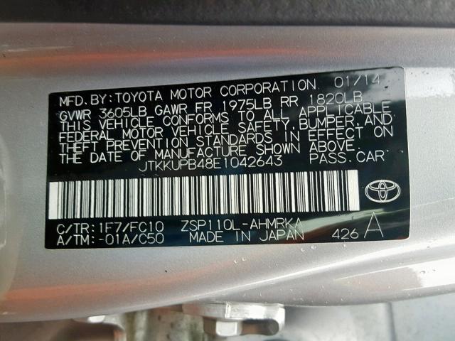 JTKKUPB48E1042643 - 2014 TOYOTA SCION XD SILVER photo 10