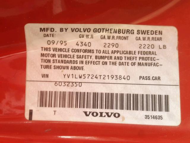 YV1LW5724T2193840 - 1996 VOLVO 850 RED photo 10