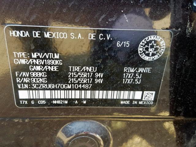 3CZRU6H70GM104487 - 2016 HONDA HR-V EXL CHARCOAL photo 10