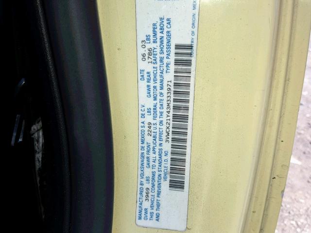 3VWCK21Y43M333971 - 2003 VOLKSWAGEN NEW BEETLE ყვითელი ფოტო 10