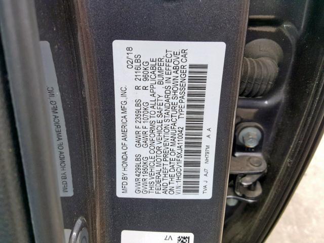 1HGCV1F5XJA110042 - 2018 HONDA ACCORD EXL GRAY photo 10