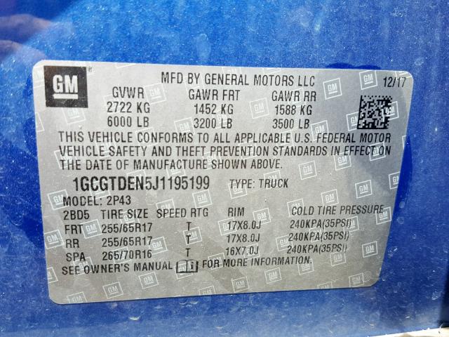 1GCGTDEN5J1195199 - 2018 CHEVROLET COLORADO Z BLUE photo 10