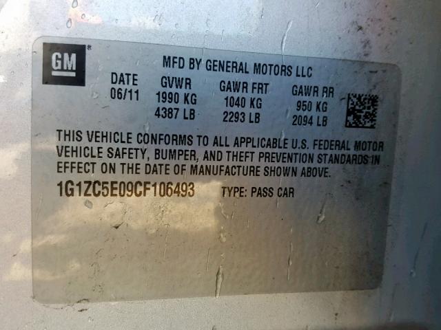 1G1ZC5E09CF106493 - 2012 CHEVROLET MALIBU 1LT SILVER photo 10