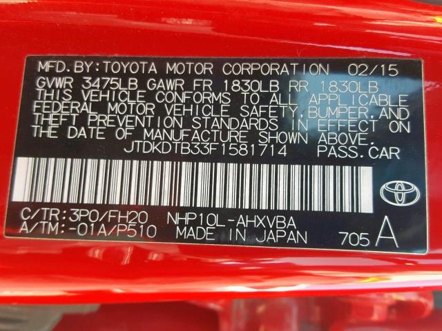 JTDKDTB33F1581714 - 2015 TOYOTA PRIUS C RED photo 10