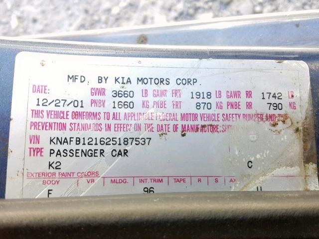 KNAFB121625187537 - 2002 KIA SPECTRA BA BLUE photo 10