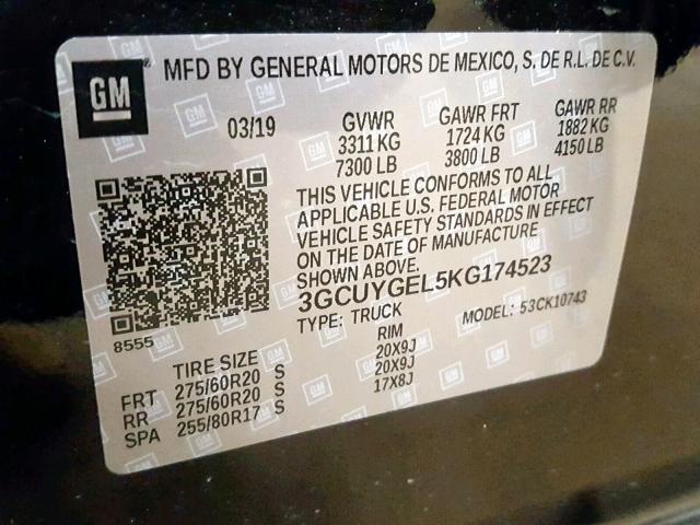 3GCUYGEL5KG174523 - 2019 CHEVROLET SILVERADO BLACK photo 10