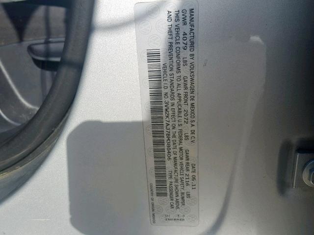 3VW2K7AJ7BM380406 - 2011 VOLKSWAGEN JETTA BASE 银色 照片 10