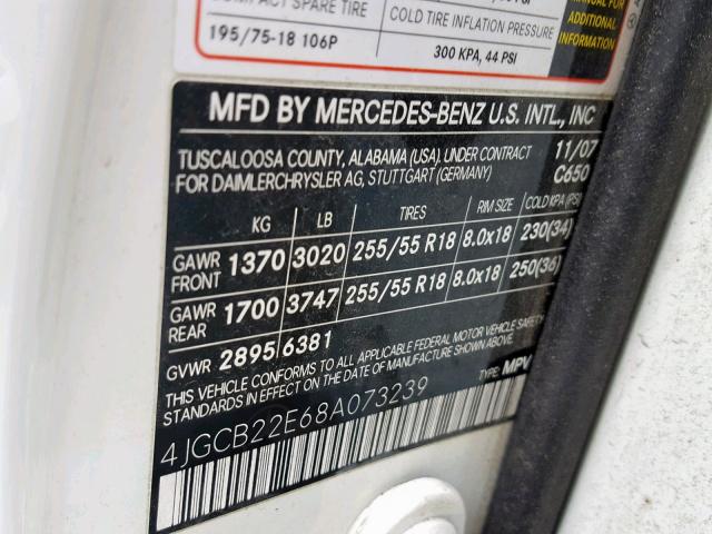 4JGCB22E68A073239 - 2008 MERCEDES-BENZ R 320 CDI WHITE photo 10