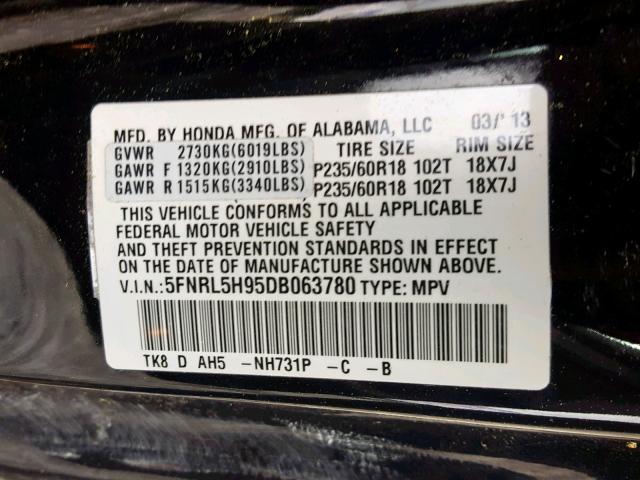 5FNRL5H95DB063780 - 2013 HONDA ODYSSEY TO TAN photo 10