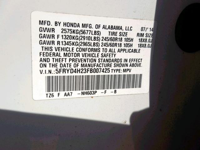 5FRYD4H23FB007425 - 2015 ACURA MDX WHITE photo 10