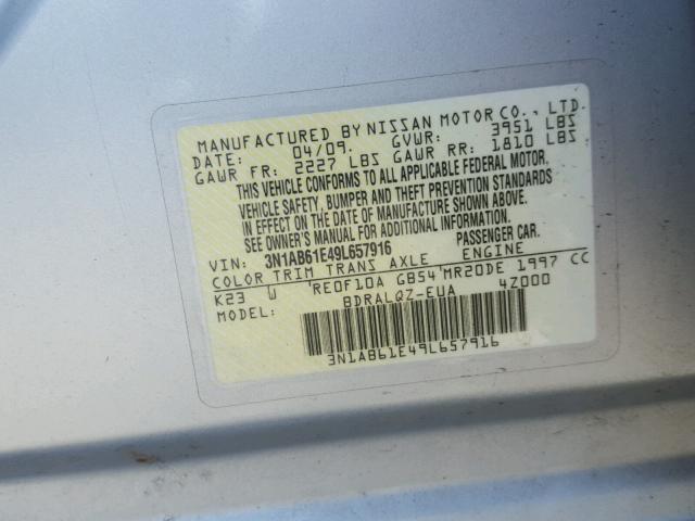 3N1AB61E49L657916 - 2009 NISSAN SENTRA 2.0 SILVER photo 10