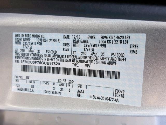 1FMCU0F75GUB97820 - 2016 FORD ESCAPE S SILVER photo 10