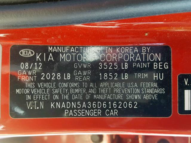 KNADN5A36D6162062 - 2013 KIA RIO EX RED photo 10