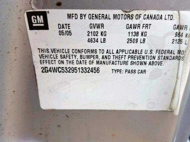 2G4WC532951332456 - 2005 BUICK LACROSSE C SILVER photo 10