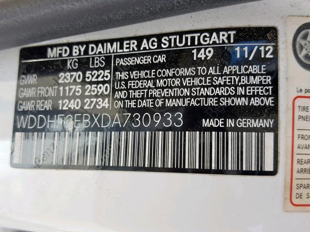 WDDHF2EBXDA730933 - 2013 MERCEDES-BENZ E 350 BLUE WHITE photo 10