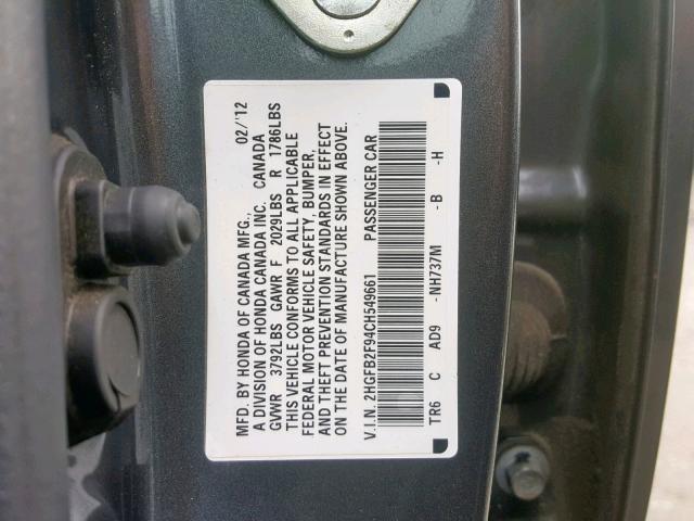 2HGFB2F94CH549661 - 2012 HONDA CIVIC EXL GRAY photo 10