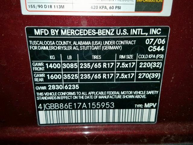 4JGBB86E17A155953 - 2007 MERCEDES-BENZ ML 350 MAROON photo 10