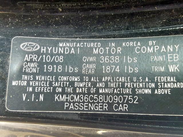 KMHCM36C58U090752 - 2008 HYUNDAI ACCENT GS BLACK photo 10