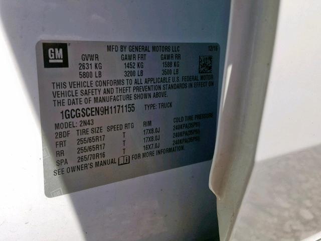 1GCGSCEN9H1171155 - 2017 CHEVROLET COLORADO L WHITE photo 10