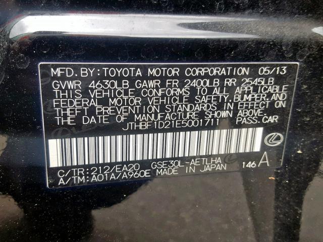 JTHBF1D21E5001711 - 2014 LEXUS IS 250 BLACK photo 10