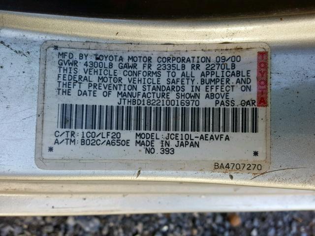 JTHBD182210016970 - 2001 LEXUS IS 300 SILVER photo 10