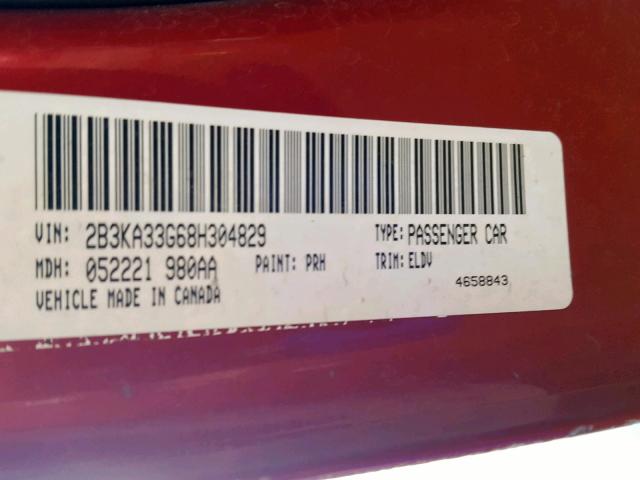 2B3KA33G68H304829 - 2008 DODGE CHARGER SX MAROON photo 10