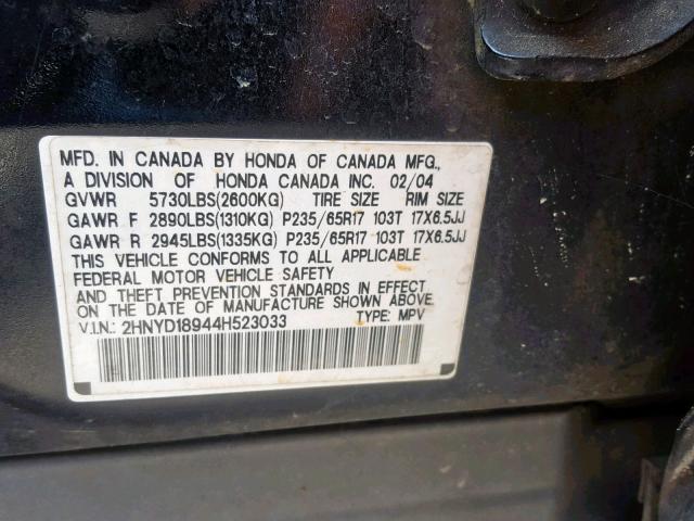 2HNYD18944H523033 - 2004 ACURA MDX TOURIN BLACK photo 10