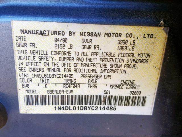 1N4DL01D8YC214485 - 2000 NISSAN ALTIMA XE BLUE photo 10