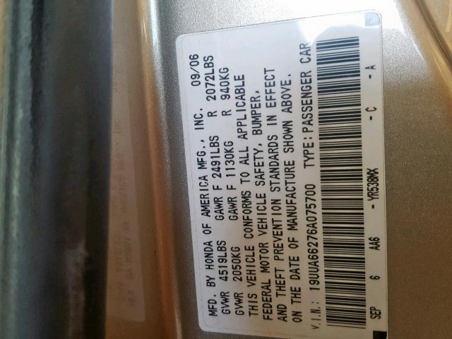 19UUA66276A075700 - 2006 ACURA 3.2TL GOLD photo 10