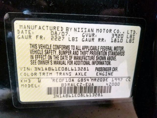 3N1AB61E08L613281 - 2008 NISSAN SENTRA 2.0 BLACK photo 10