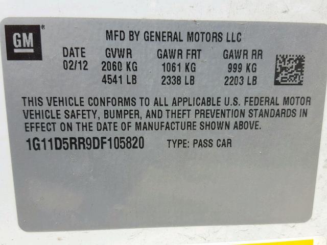 1G11D5RR9DF105820 - 2013 CHEVROLET MALIBU 1LT 白色 照片 10