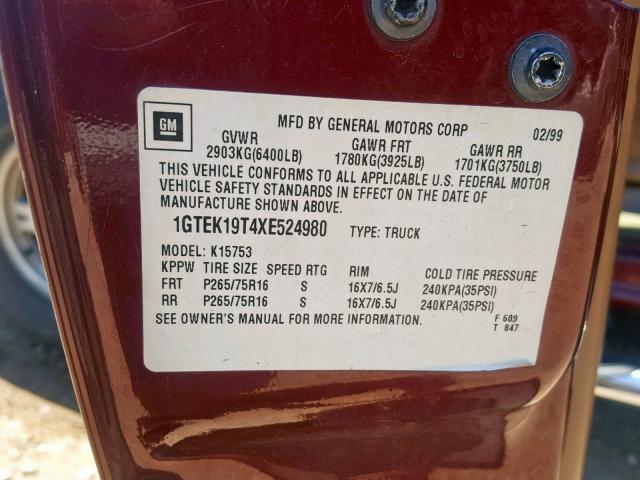 1GTEK19T4XE524980 - 1999 GMC NEW SIERRA BURGUNDY photo 10