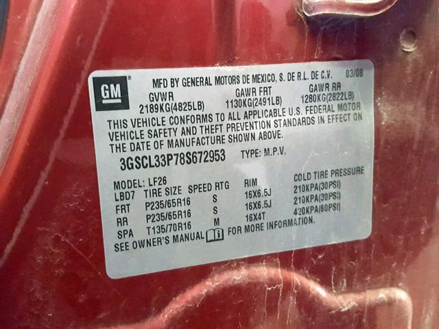 3GSCL33P78S672953 - 2008 SATURN VUE XE BURGUNDY photo 10