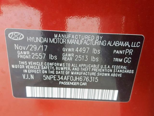 5NPE34AF0JH676315 - 2018 HYUNDAI SONATA SPO RED photo 10