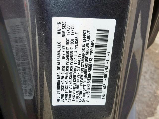 5FNRL5H38GB060713 - 2016 HONDA ODYSSEY SE GRAY photo 10