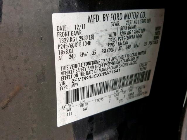 2FMDK4JCXCBA71541 - 2012 FORD EDGE SEL BLACK photo 10