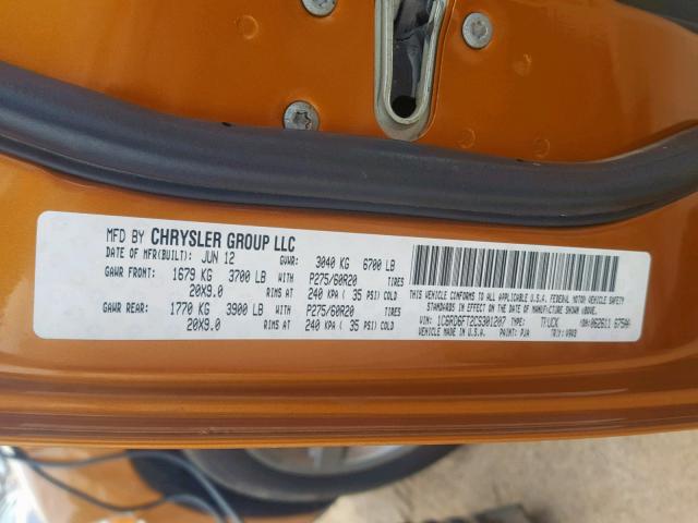 1C6RD6FT2CS301207 - 2012 DODGE RAM 1500 S ORANGE photo 10