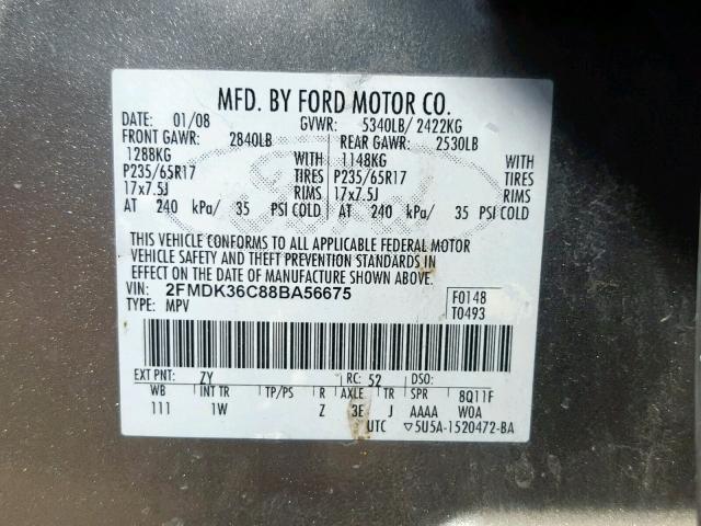 2FMDK36C88BA56675 - 2008 FORD EDGE SE GRAY photo 10