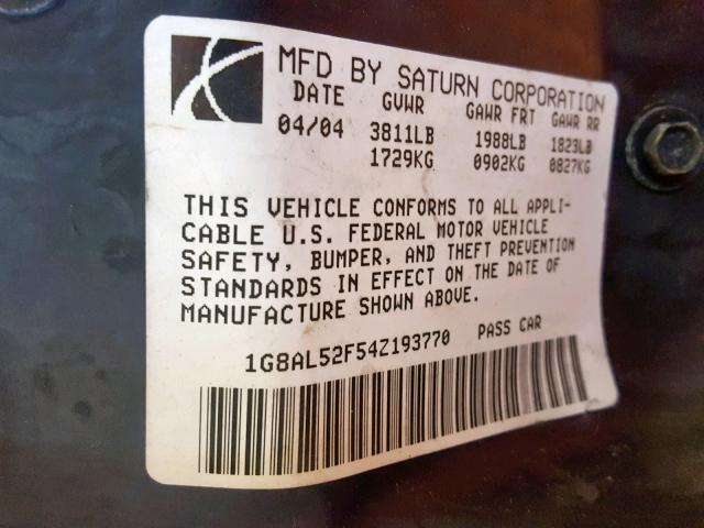 1G8AL52F54Z193770 - 2004 SATURN ION LEVEL TAN photo 10