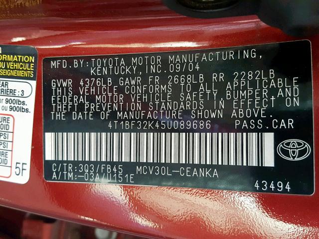 4T1BF32K45U089686 - 2005 TOYOTA CAMRY LE RED photo 10