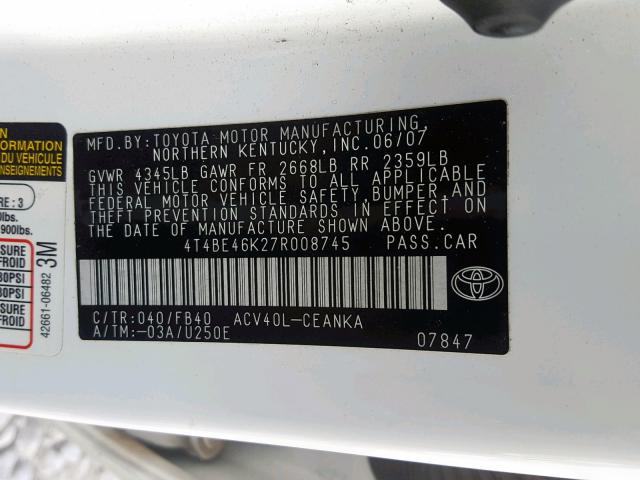 4T4BE46K27R008745 - 2007 TOYOTA CAMRY NEW WHITE photo 10