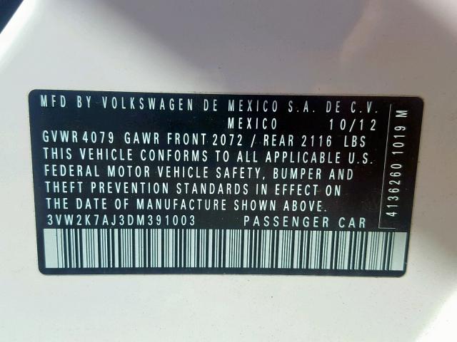 3VW2K7AJ3DM391003 - 2013 VOLKSWAGEN JETTA BASE WHITE photo 10