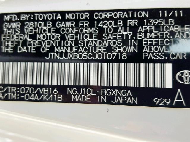 JTNJJXB05CJ010718 - 2012 TOYOTA SCION IQ WHITE photo 10