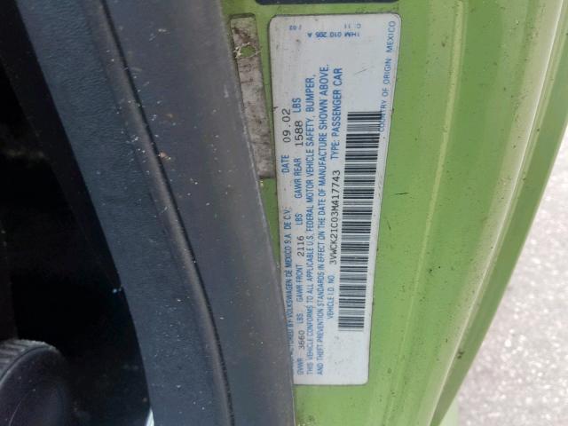 3VWCK21C03M417743 - 2003 VOLKSWAGEN NEW BEETLE მწვანე ფოტო 10