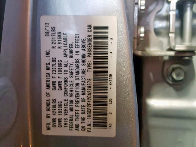 1HGCP2F42CA228578 - 2012 HONDA ACCORD LXP SILVER photo 10