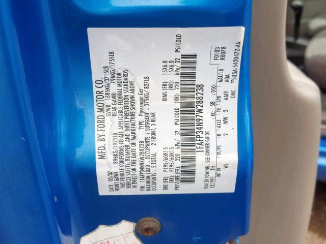 1FAFP34N97W288238 - 2007 FORD FOCUS ZX4 BLUE photo 10